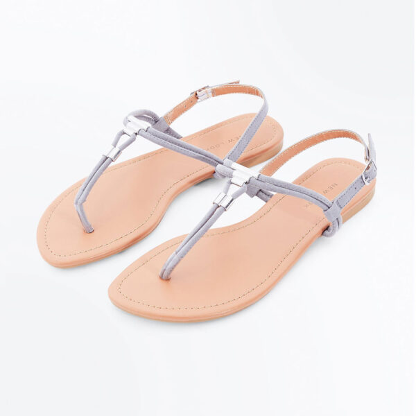 New Look (UK), Grey Suedette Metal Trim Flat Sandal Shoes - Image 4