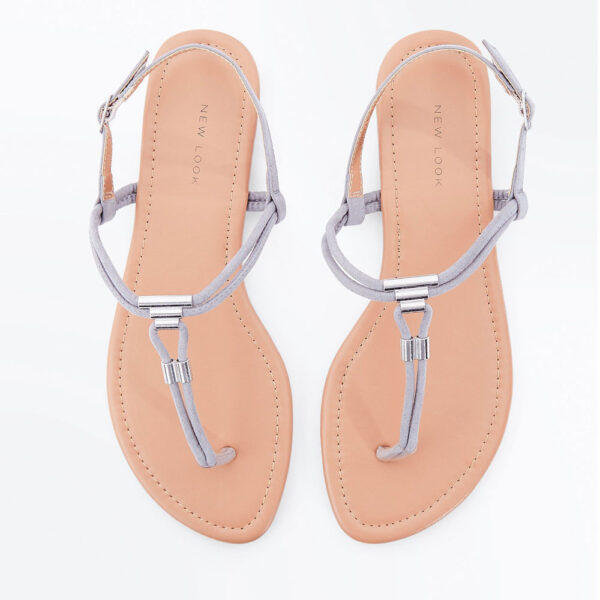 New Look (UK), Grey Suedette Metal Trim Flat Sandal Shoes - Image 3