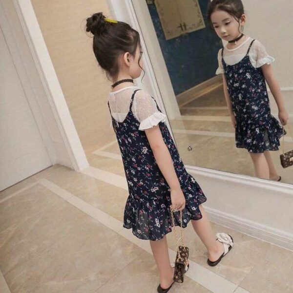 Baby Girls Chiffon Short Sleeve Lace Frock / Dress - Navy Blue (3 to 7.5 Years) - Image 3