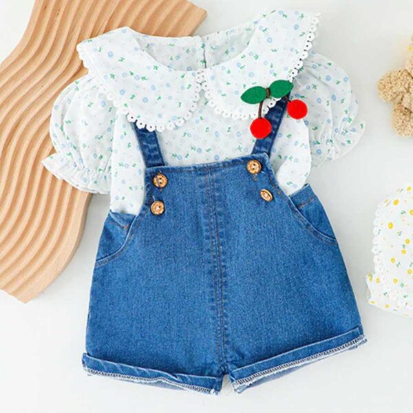 Child Baby Girls Denim Cherry Jumpsuit  Clothing / Dress - Blue (1.5 to 4.5 years ) - Image 4