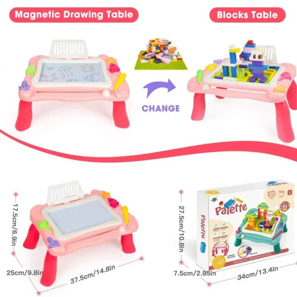 Kids Activity Table Set 2 in 1 Palette Magnetic Drawing Board and Building Brick Table with 150 Pcs Blocks - Image 4