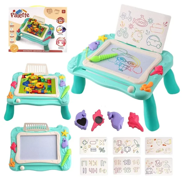 Kids Activity Table Set 2 in 1 Palette Magnetic Drawing Board and Building Brick Table with 150 Pcs Blocks - Image 7