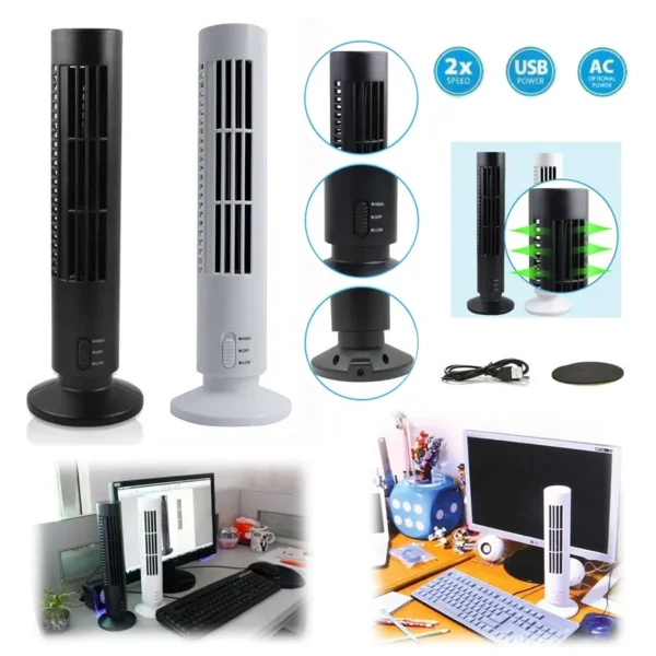 Portable 2 Speed USB Vertical Bladeless Mini Desk Cooling Tower Fan - White - Image 3