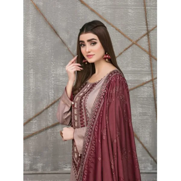 Original Tawakkal (Pakistan) Un-Stitched Collection By Tawakkal Fabrics, Attractive & Elegant Viscose Banarsi Collection 3 Piece Set - (D-6396) - Image 3