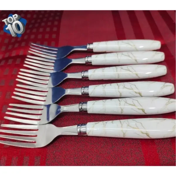 Stainless Steel Fork Set With Ceramic Design Plastic Handle (White) - 6 Pcs Set - Image 3