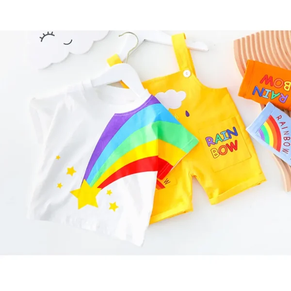 Kids Summer Rainbow Printed T-Shirt+ Jumpsuit Suspend Pants Clothing Set - Yellow (9 Month - 6 Year) - Image 3