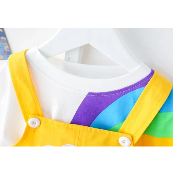 Kids Summer Rainbow Printed T-Shirt+ Jumpsuit Suspend Pants Clothing Set - Yellow (9 Month - 6 Year) - Image 5