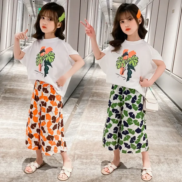 Girls Korean Style Cartoon Trees Short Sleeve T-Shirt With Leaf Full Print Cropped Pants Set - Type1 (3- 10Year) - Image 4