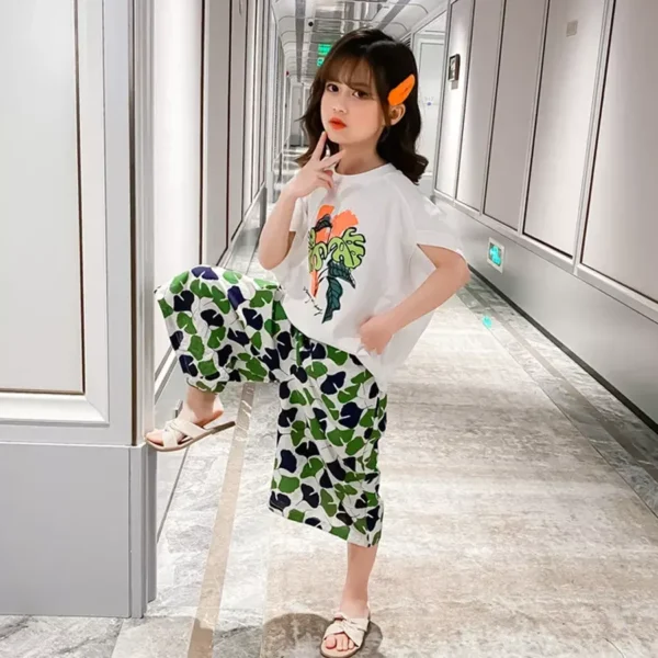 Girls Korean Style Cartoon Trees Short Sleeve T-Shirt With Leaf Full Print Cropped Pants Set - Type1 (3- 10Year) - Image 5