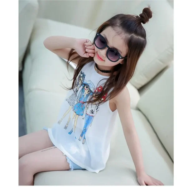 Girls Pearl Work Chiffon Vest Style 3 Girls Cartoon Printed Tops + Pant Clothes Set - (1 to 6 Year) - Image 5