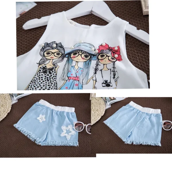 Girls Pearl Work Chiffon Vest Style 3 Girls Cartoon Printed Tops + Pant Clothes Set - (1 to 6 Year) - Image 4