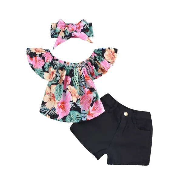 Toddler Kids Baby Girls Fly Sleeve Floral Tops Solid Short & Hair Band Outfits Set (0 Month - 2 Years) - Image 7