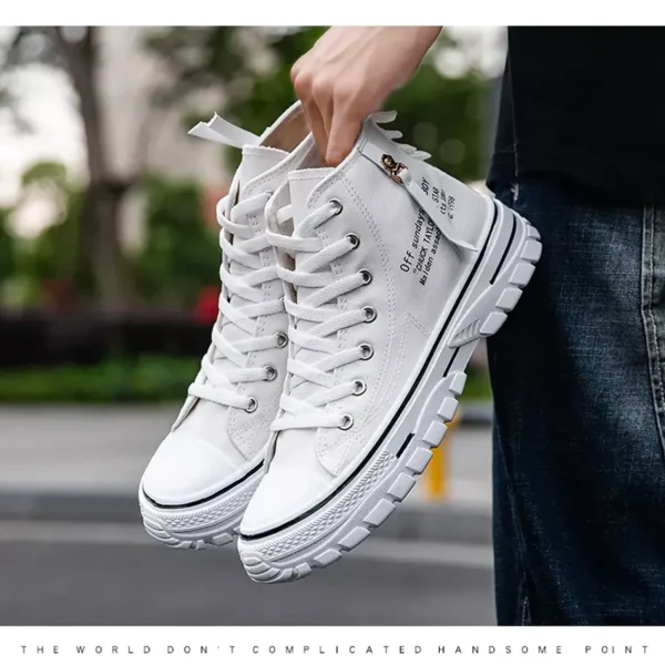 Men's Fashion High Top Sneakers Soft Canvas Shoes - White - Image 3