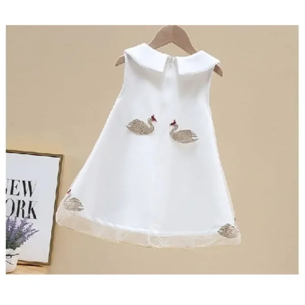 Girls Summer Swan Dress With Cute Bear Doll - White - Image 3