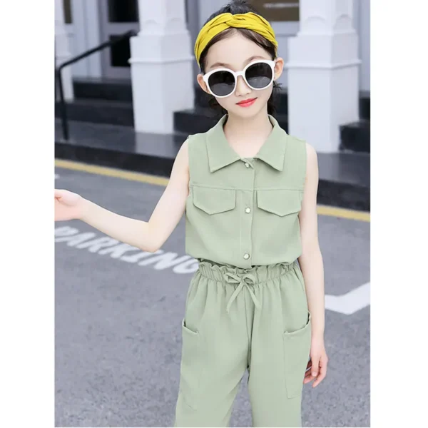 Girls Summer Western Style Short-Sleeved Top With Wide Pants Dress Set (9-11 Years) - Army Green - Image 3